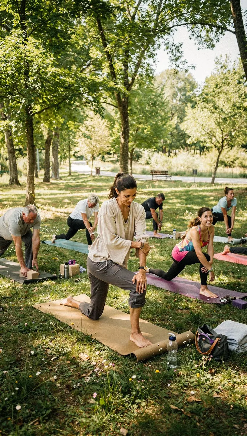 Una sesión de terapia de yoga donde se utilizan accesorios como bloques y cintas para facilitar las posturas.