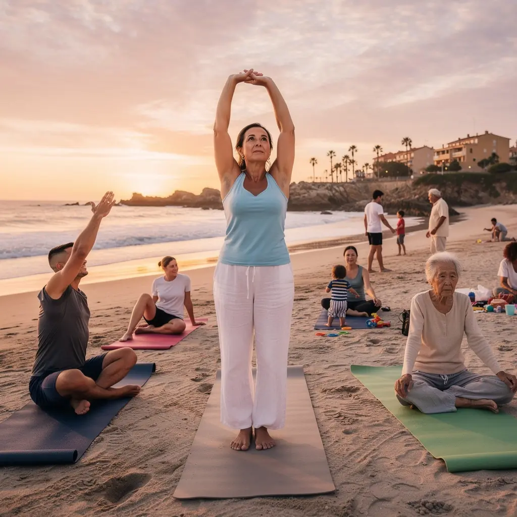 Un grupo de personas practica yoga en un salón luminoso, mostrando diversidad y unidad en su búsqueda de bienestar.