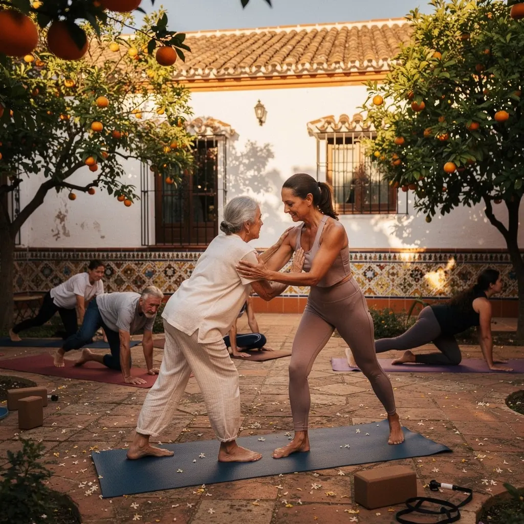 Un paciente realiza una postura de yoga en un ambiente tranquilo, con elementos naturales que fomentan la relajación.