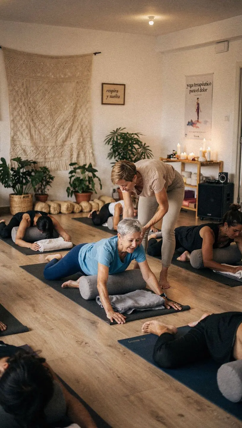 Un paciente realiza una postura de yoga en un ambiente tranquilo, con elementos naturales que fomentan la relajación.