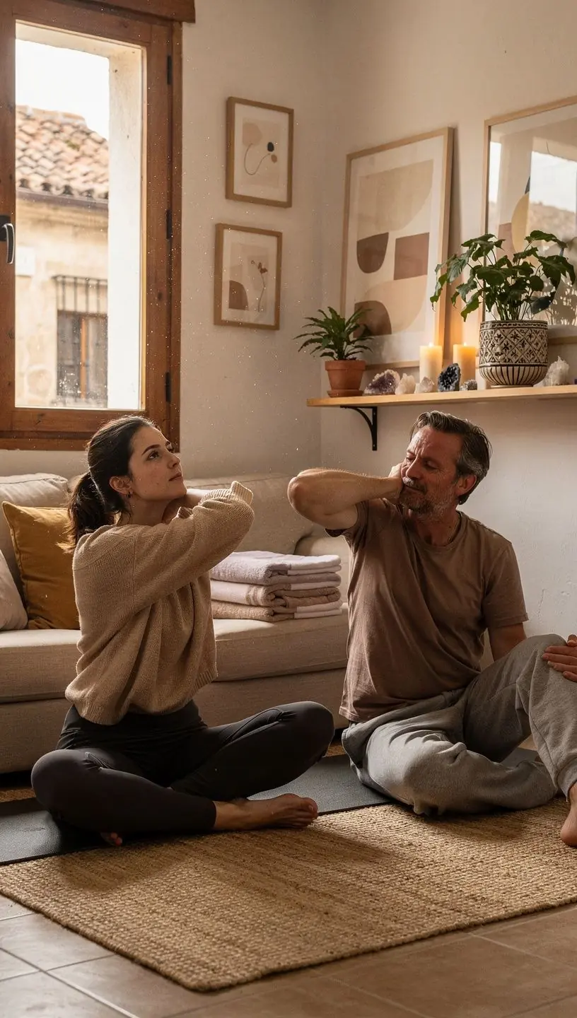 Un paciente realiza una postura de yoga en un ambiente tranquilo, con elementos naturales que fomentan la relajación.