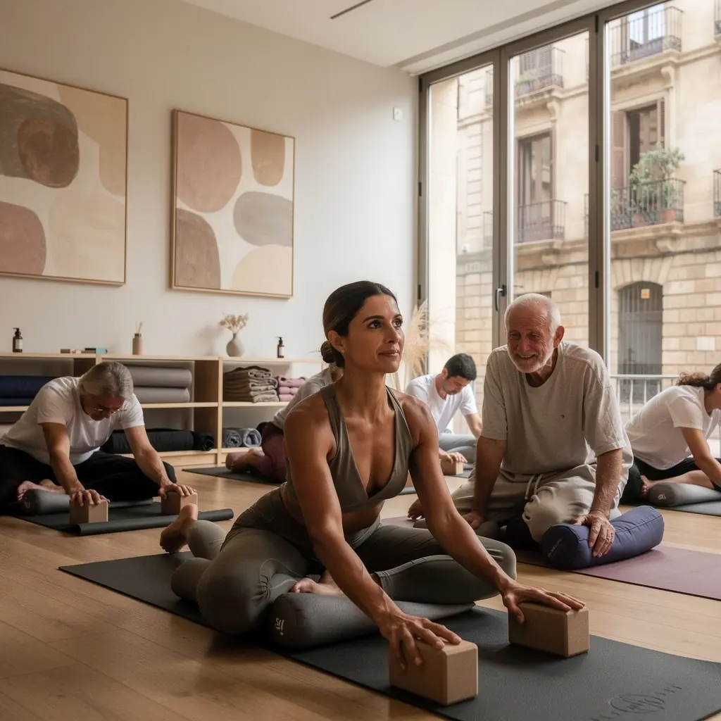 Un paciente realiza una postura de yoga en un ambiente tranquilo, con elementos naturales que fomentan la relajación.