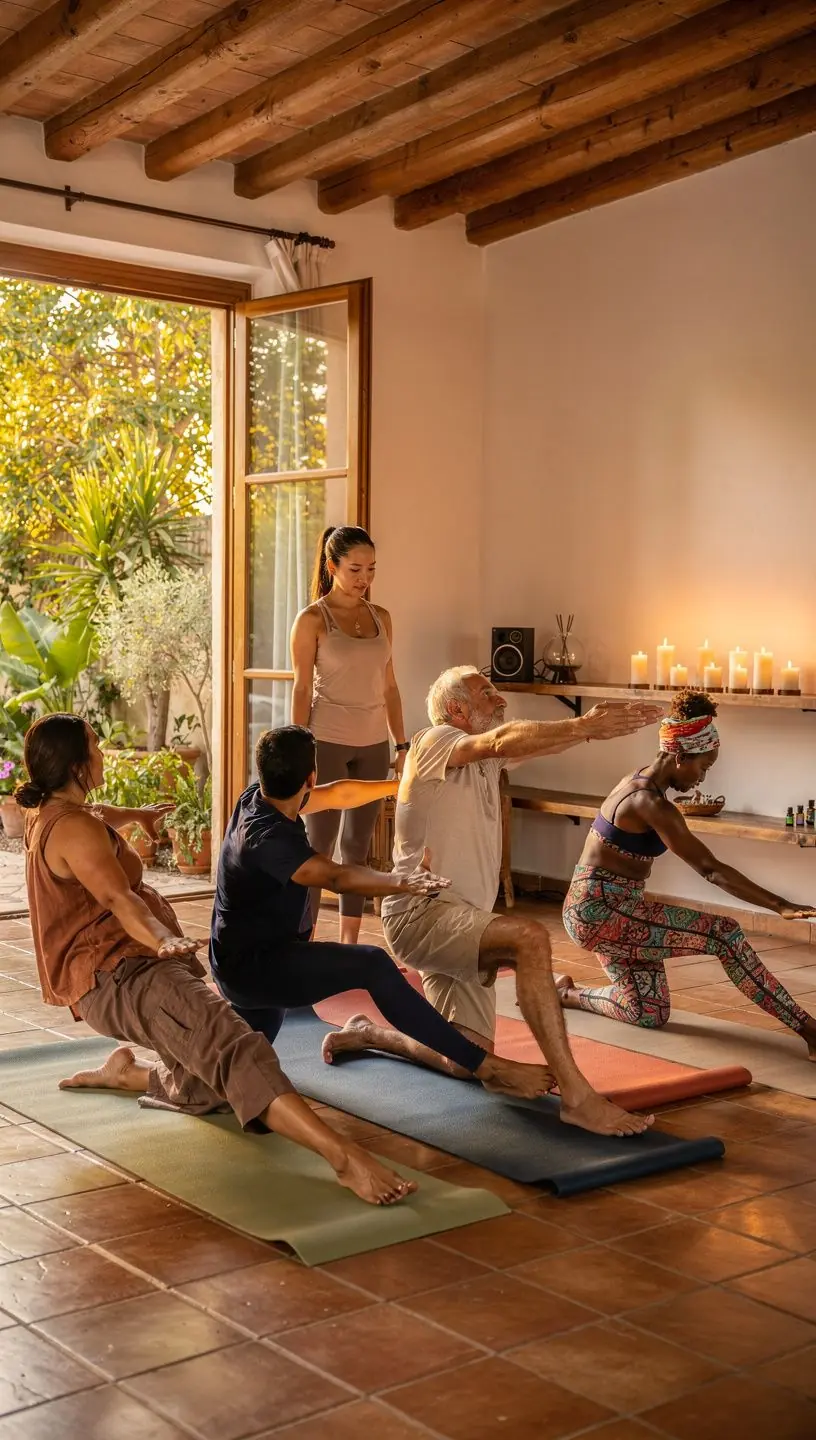 Una instructora de yoga guía una clase de terapia, enfocándose en posturas para aliviar el dolor de espalda.